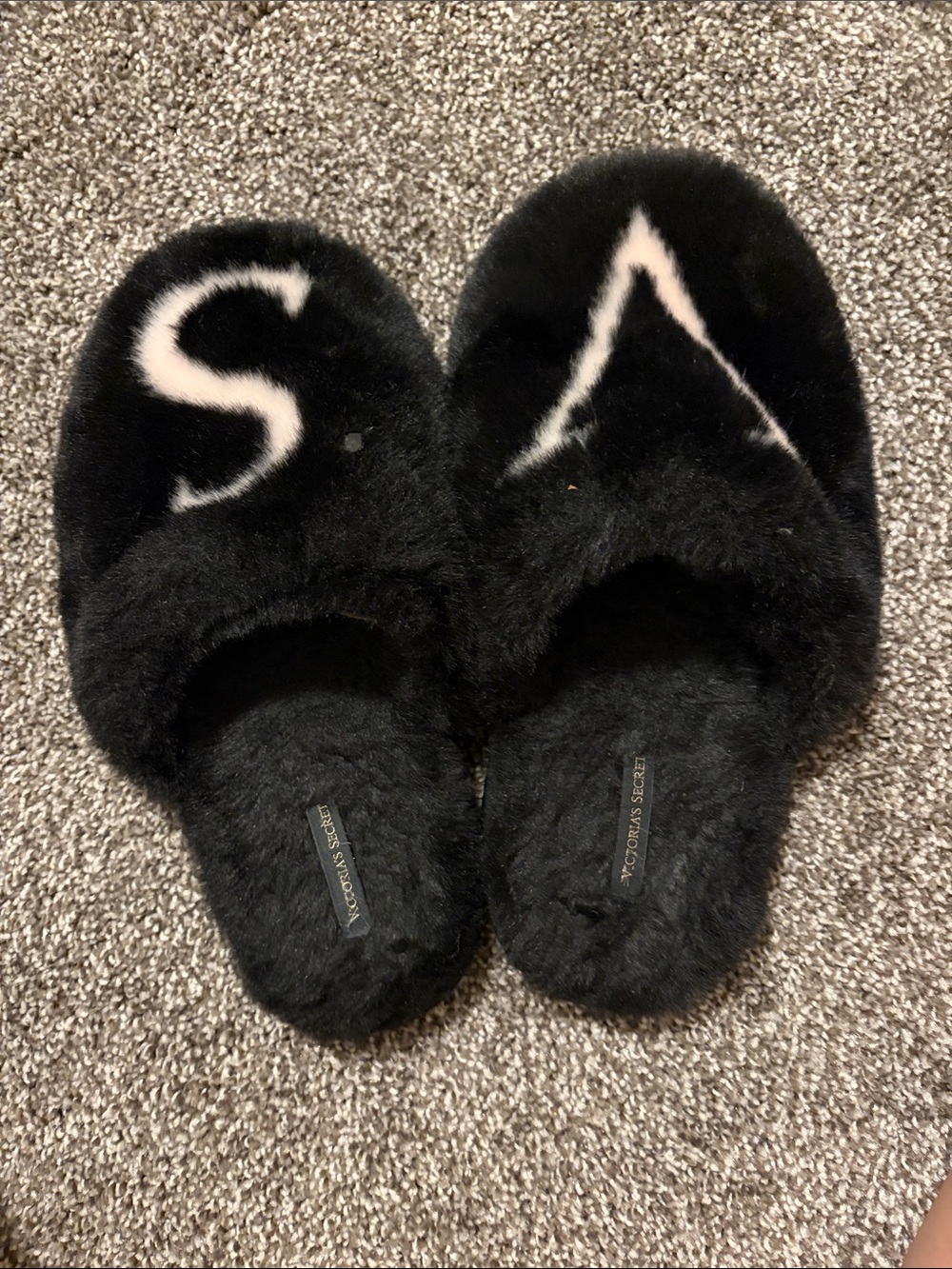 Victoria's Secret Black Faux Fur Slide Slippers with White Accent Lettering